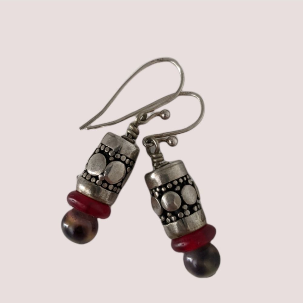 Vintage Silver Red Beads Dangle Barrel Earrings